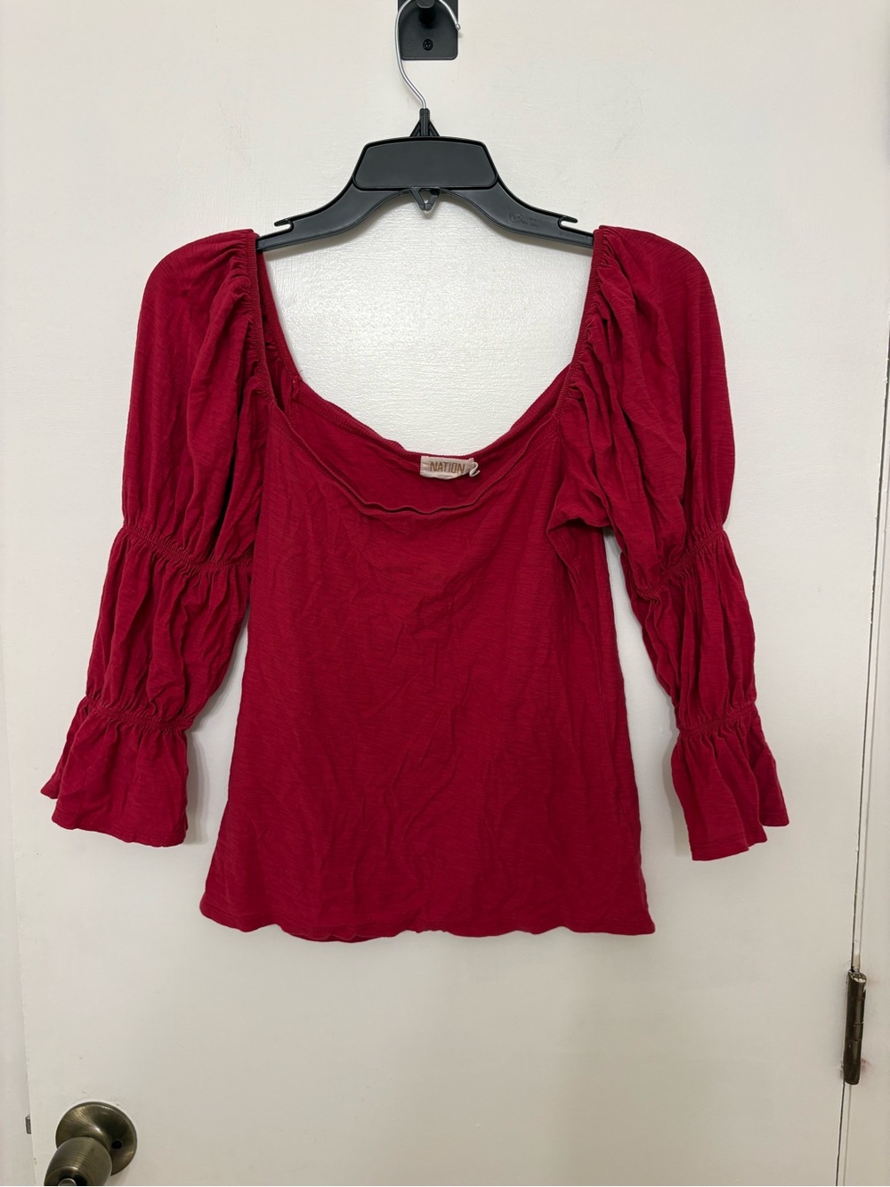 Nation LTD Hillary Romance Puff Sleeve Top Pima Cotton Square Neck Red Size S